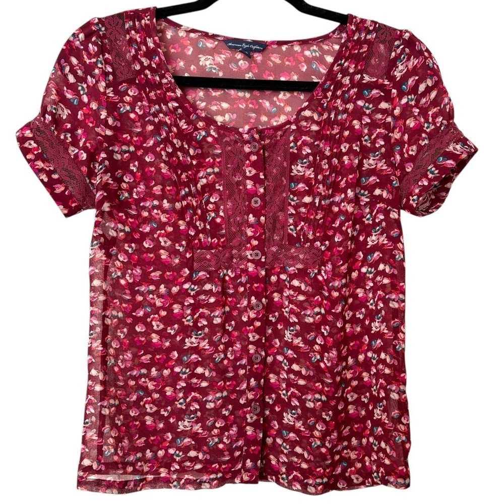 American Eagle Womens XS Blouse Burgundy Floral Lace Trim Cottagecore Sheer